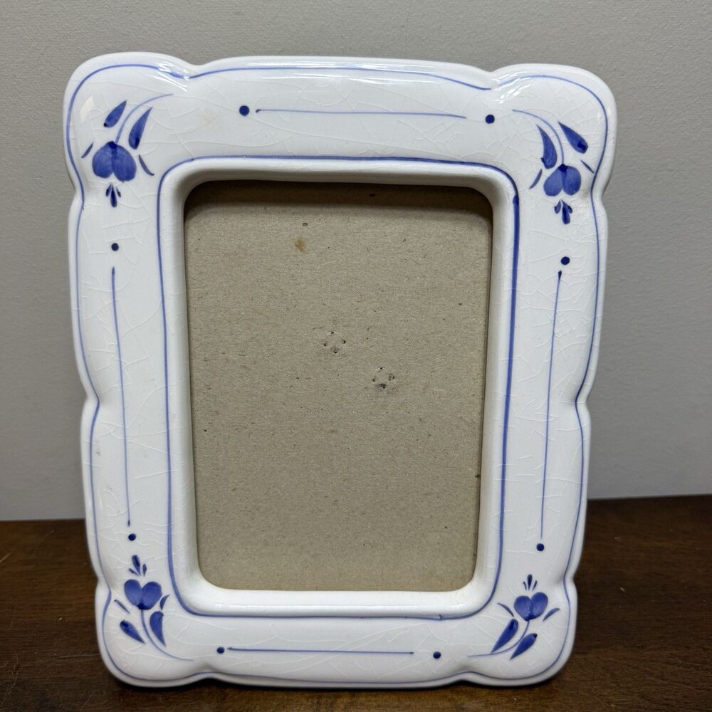 Vintage Blue White Floral Ceramic Freestanding Photo Frame 5x7 Some Crazing